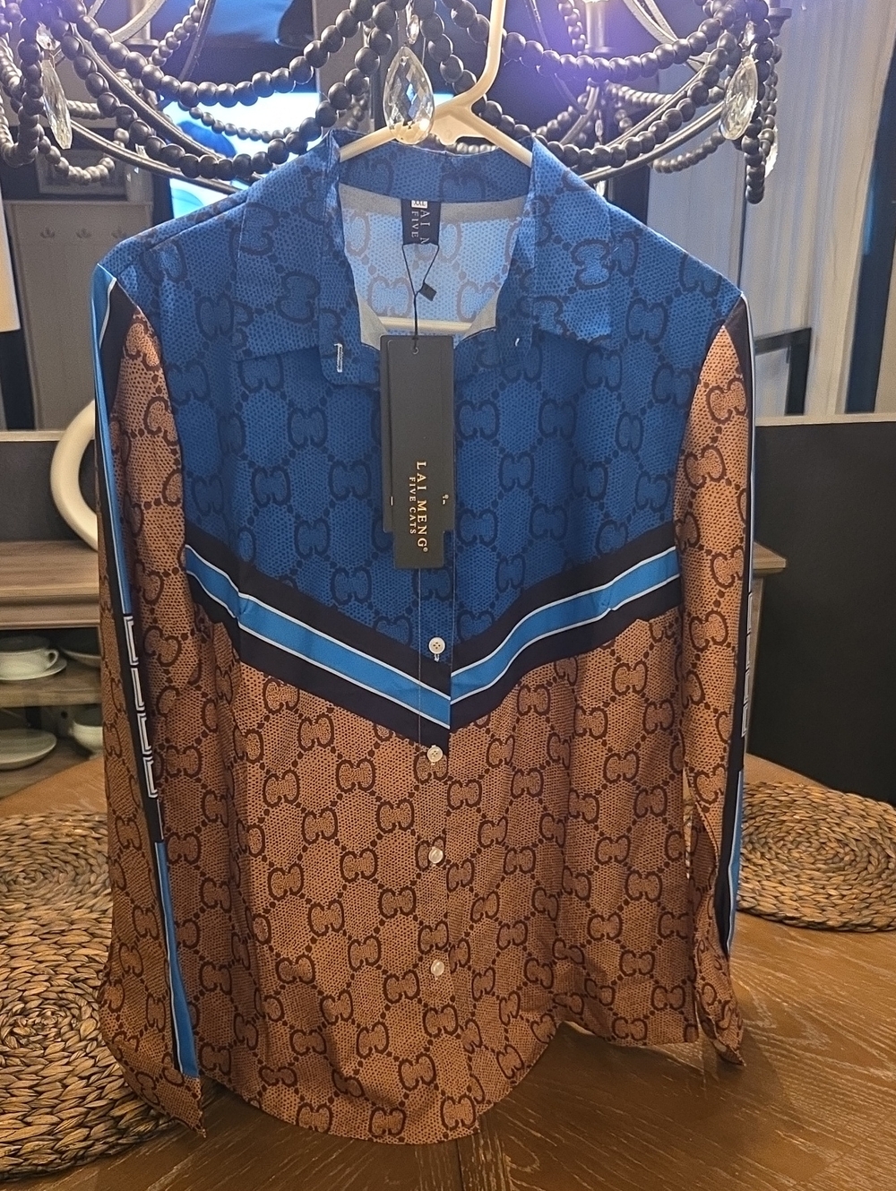 Women's Blue and Brown Patterned Button-Up Shirt